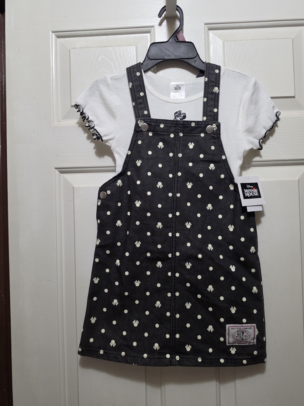Disney Black Polka Dot Overall Dress with White Minnie Motifs